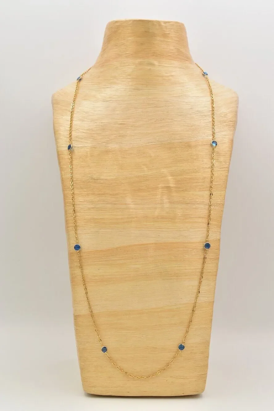 Vintage Blue Open Bezel Crystal Necklace Station Chain Gold Tone 1980s BinBJ